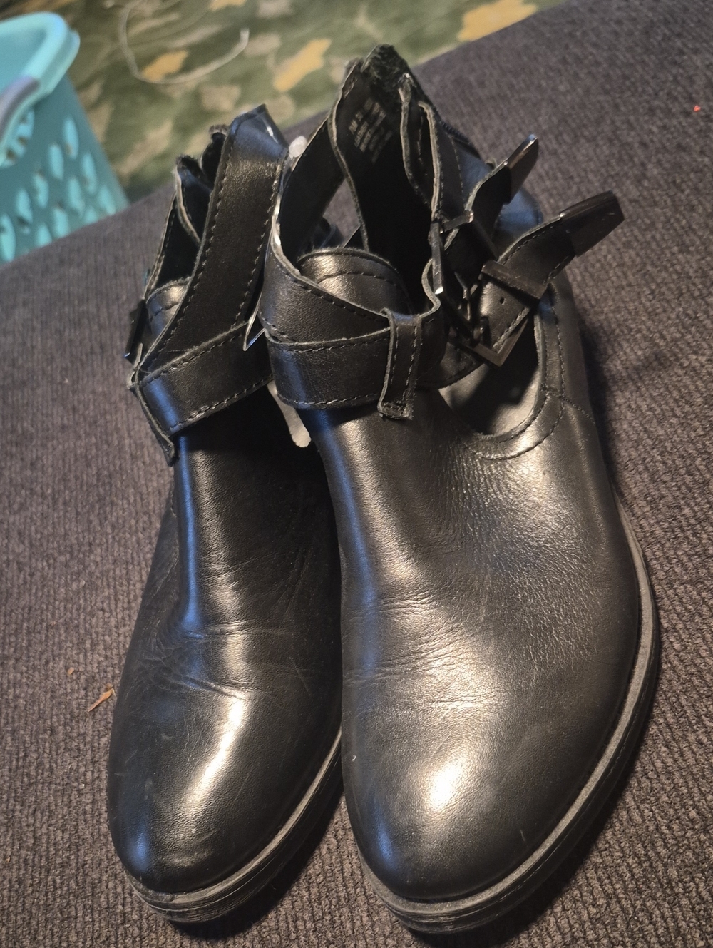 Nicole Black Leather Heeled Ankle Boots with Buckle Strap